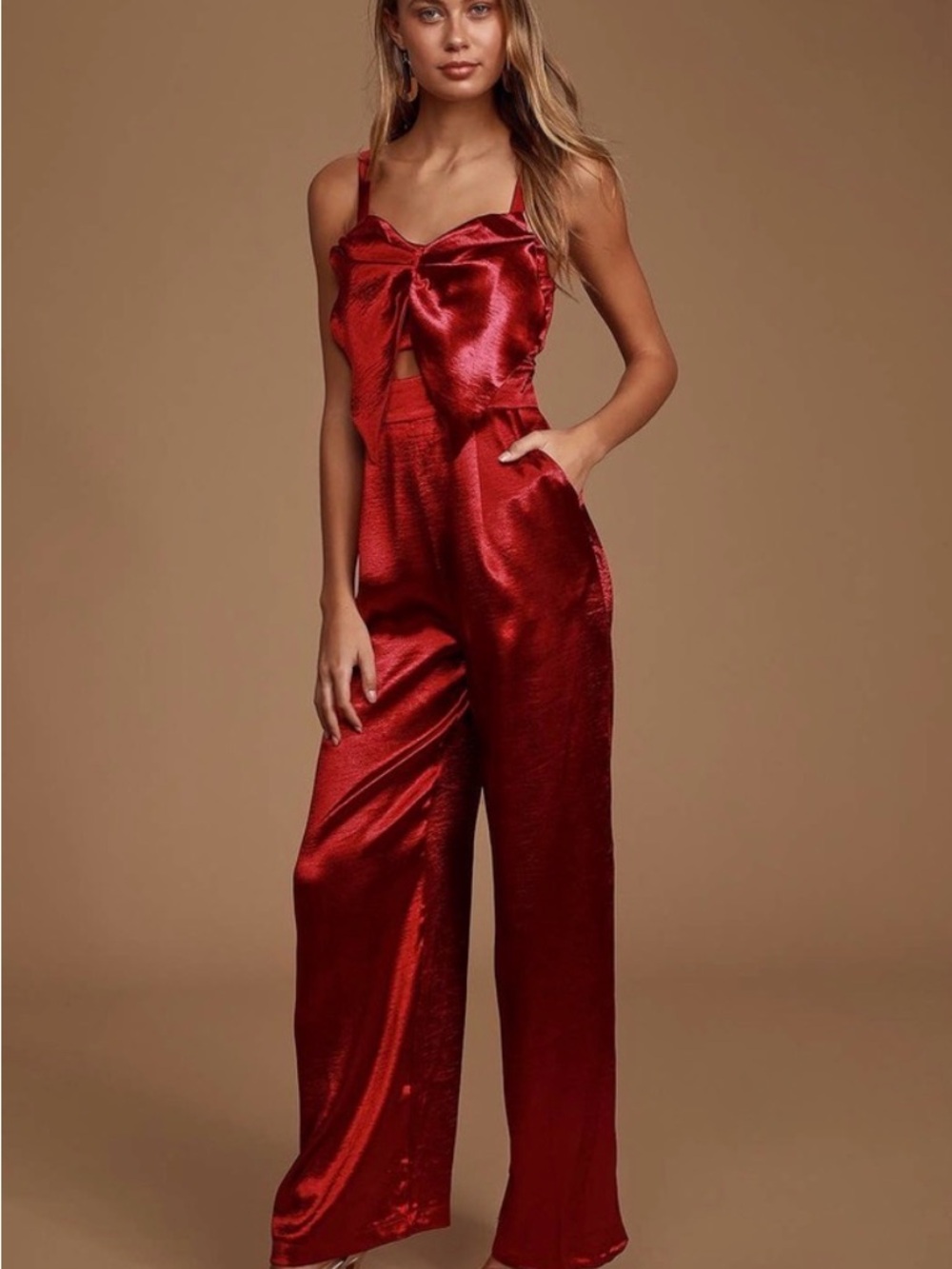 Lulu's Date to Remember Wine Red Satin Cutout Wide-Leg Jumpsuit M NWT